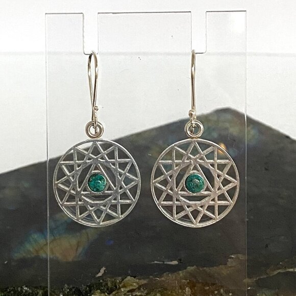 Sterling Silver Openwork Round Mandala Trinity Star Chrysocolla Dangle Earrings - Picture 6 of 16
